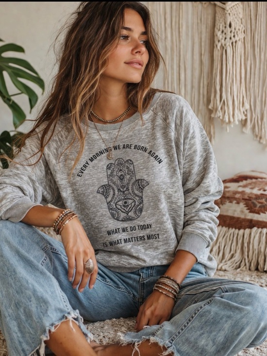 Miken Tops - Miken Gray Heather Long Sleeve Tee with Black Hamsa Graphic Size Large